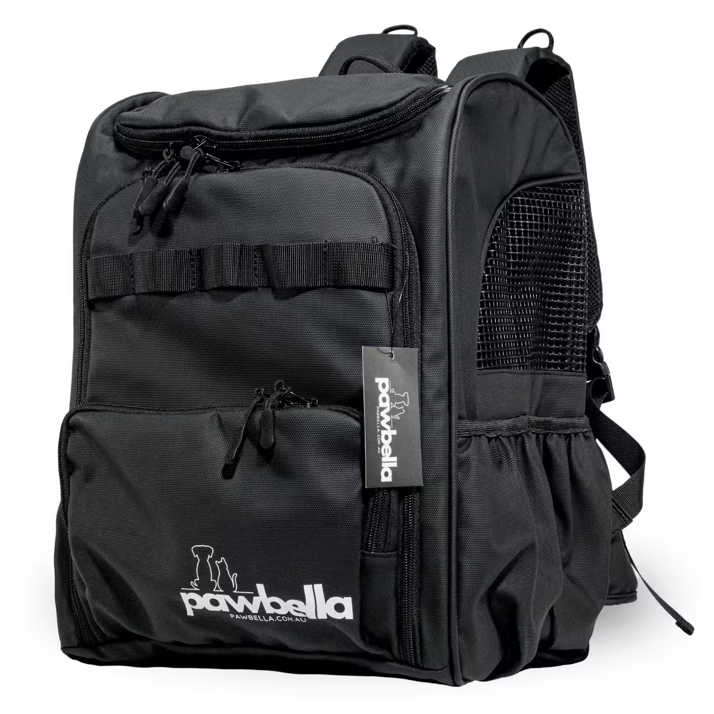 The Outback Explorer by Pawbella is a black, heavy-duty pet backpack with mesh side panels, zippered pockets, and a front logo, designed in Australia to transport small pets up to 12kg.