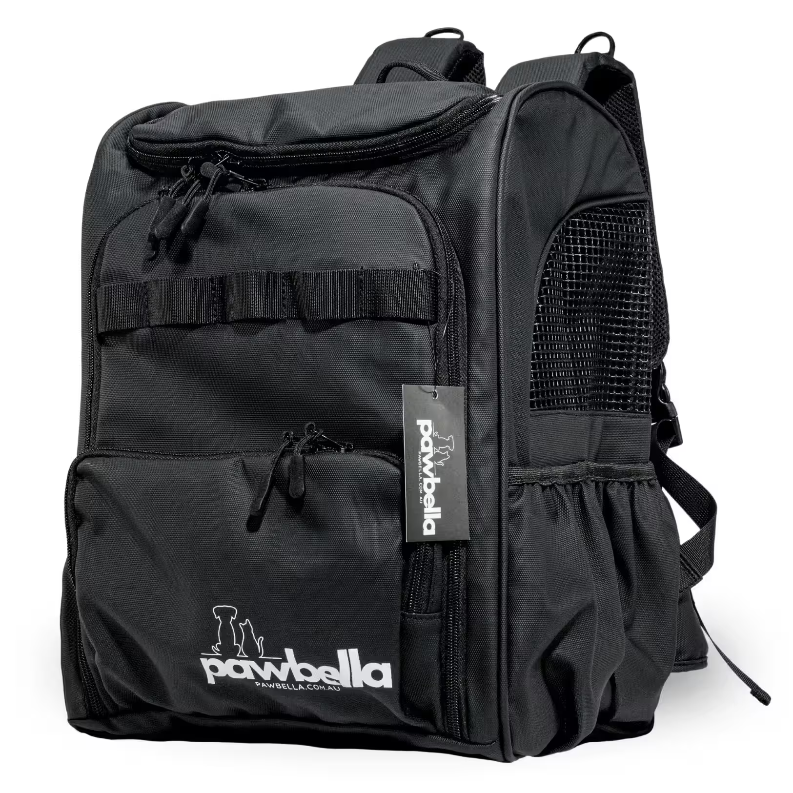 The Outback Explorer by Pawbella is a black, heavy-duty pet backpack with mesh side panels, zippered pockets, and a front logo, designed in Australia to transport small pets up to 12kg.