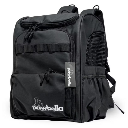 The Outback Explorer by Pawbella is a black, heavy-duty pet backpack with mesh side panels, zippered pockets, and a front logo, designed in Australia to transport small pets up to 12kg.