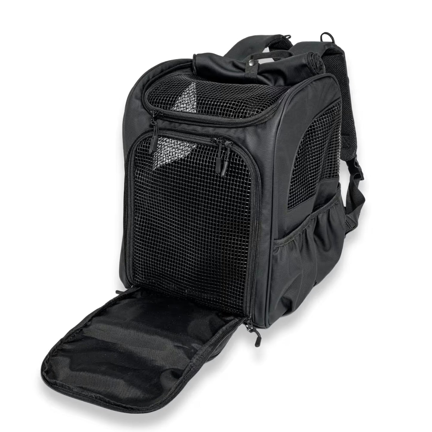 The Pawbella Outback Explorer Heavy Duty Pet Backpack (12kg max) features mesh panels, side pockets, and a zippered front opening that lies flat—ideal for travel or daily use in Australia.