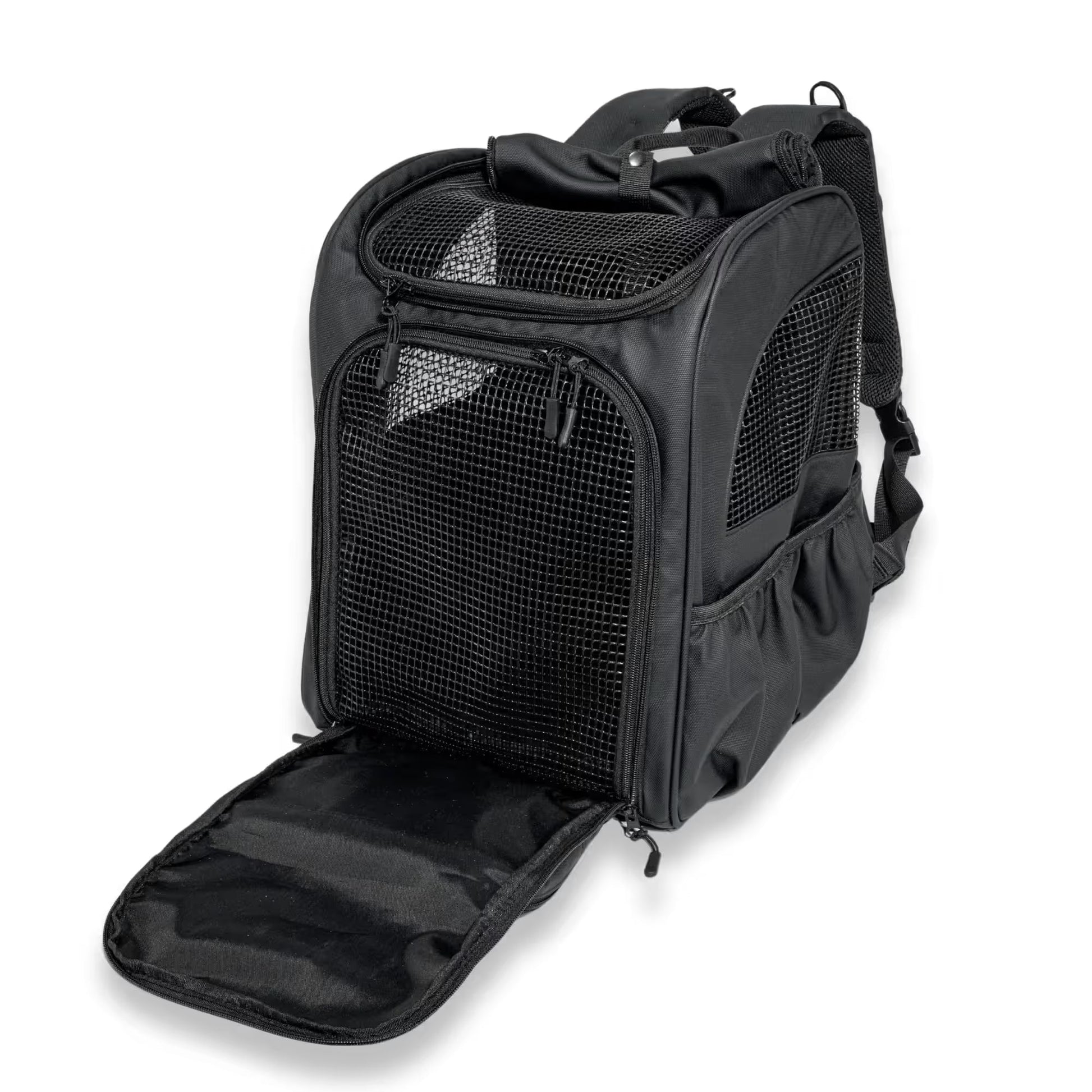 The Pawbella Outback Explorer Heavy Duty Pet Backpack (12kg max) features mesh panels, side pockets, and a zippered front opening that lies flat—ideal for travel or daily use in Australia.
