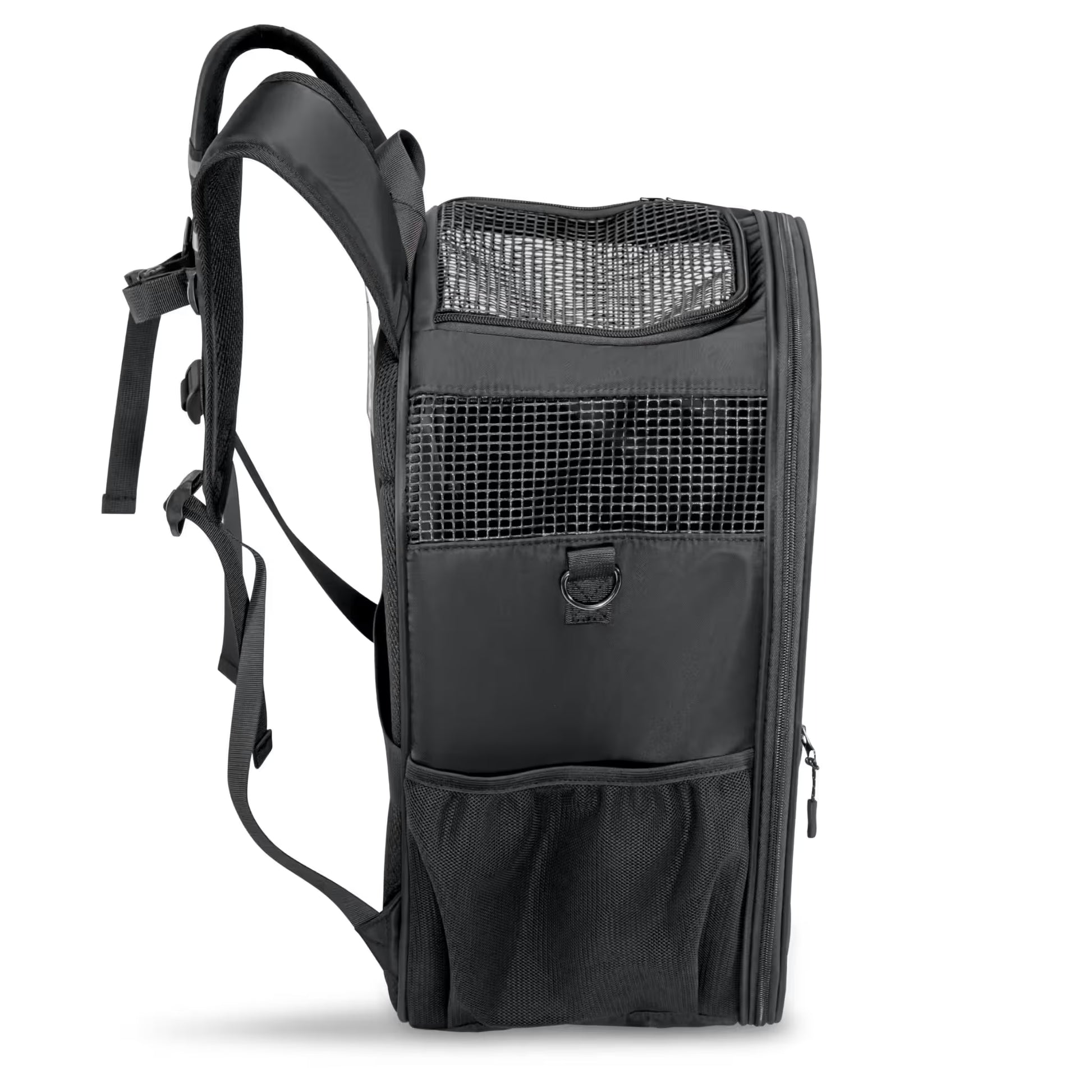 The Pawbella Panorama XL | Bubble Pet Carrier Backpack (10kg max) is a stylish black backpack with a mesh front, perfect for taking your pet on outdoor adventures in Australia.