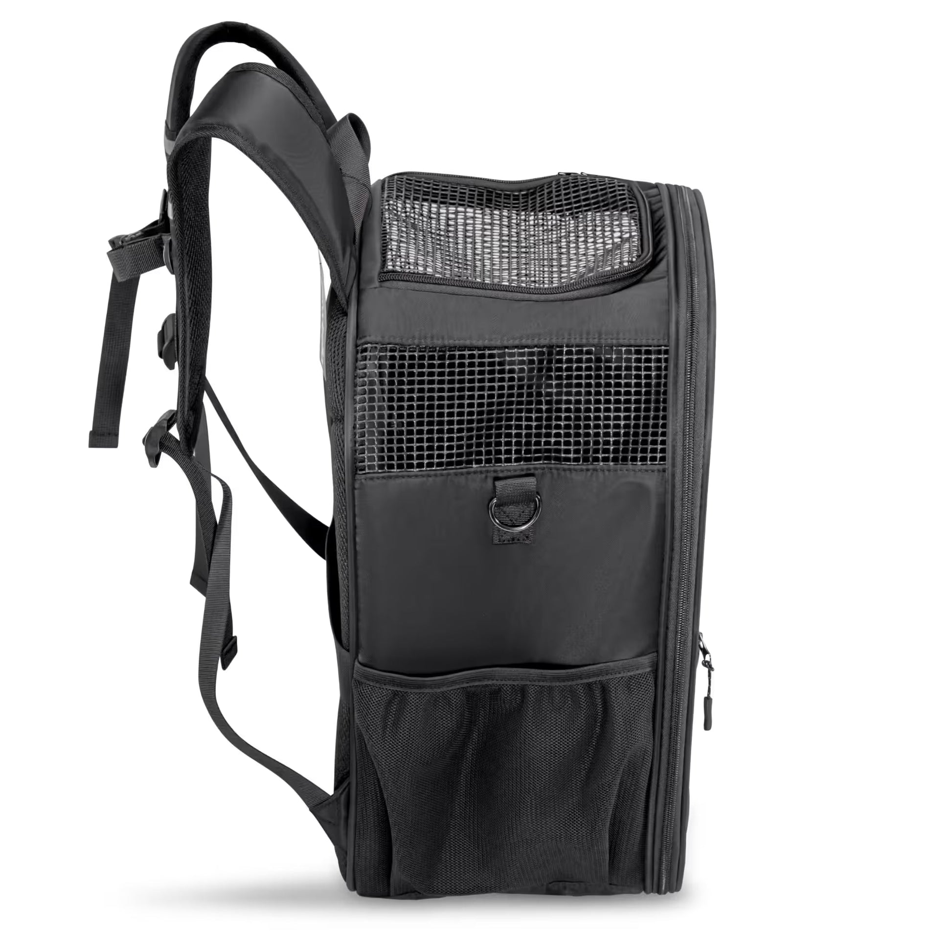 The Pawbella Panorama XL | Bubble Pet Carrier Backpack (10kg max) is a stylish black backpack with a mesh front, perfect for taking your pet on outdoor adventures in Australia.