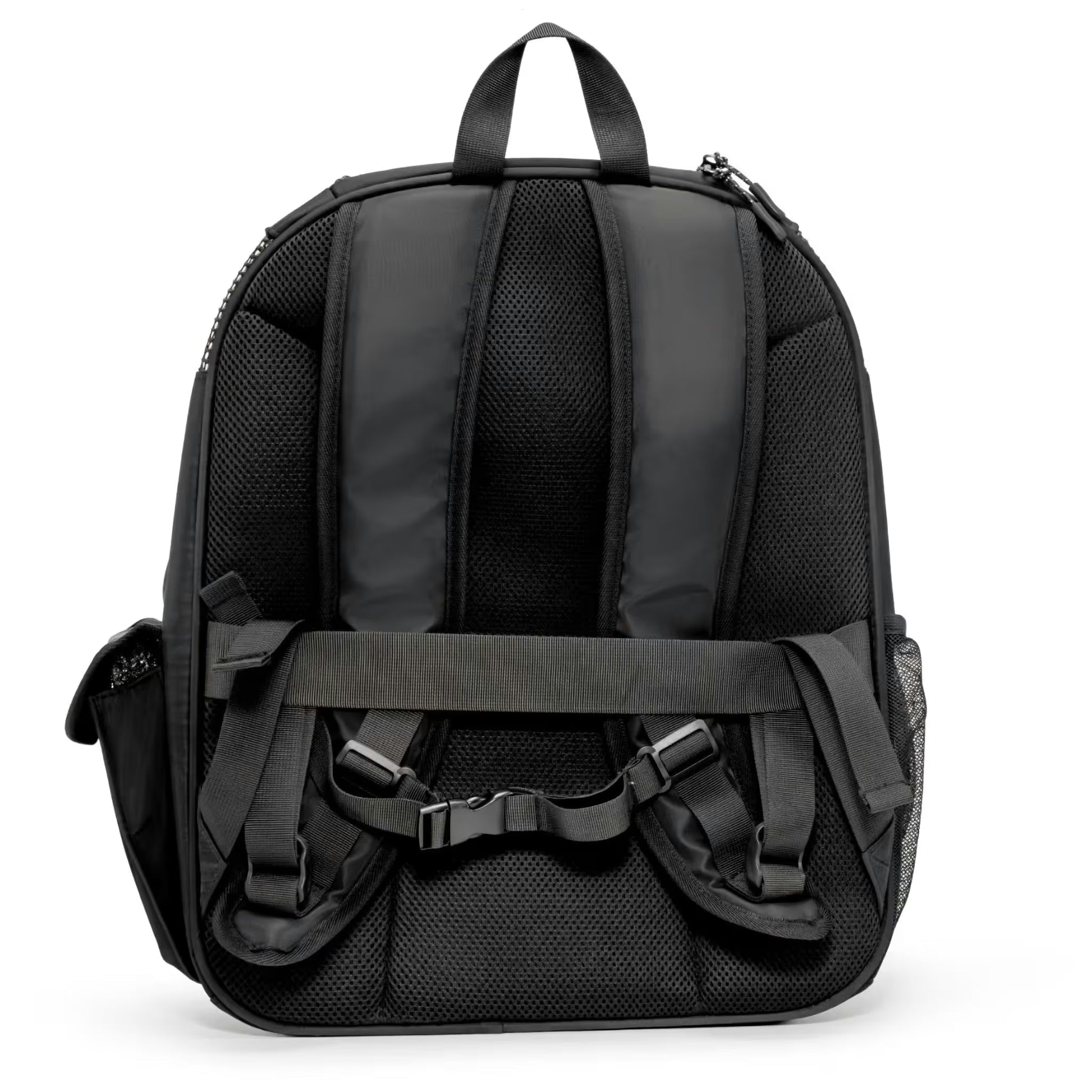 The Panorama XL | Bubble Pet Carrier Backpack (10kg Max) by Pawbella in black features padded shoulder straps, a chest strap, top handle, and mesh side pockets—perfect for Australian pet owners.