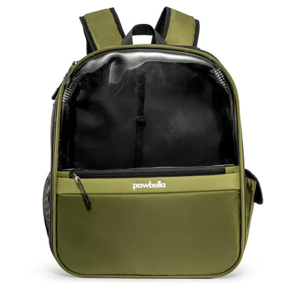 The Panorama XL | Bubble Pet Carrier Backpack by Pawbella holds pets up to 10kg. It features an olive green design, large clear bubble window, black shoulder straps, zippered Pawbella pocket, mesh sides—ideal for stylish pet adventures in Australia.