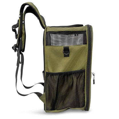 The Pawbella Panorama XL | Bubble Pet Carrier Backpack (10kg Max), in green and black with mesh windows, side zipper, front pocket, and padded straps—shown side view on white—perfect for Aussie pet lovers.