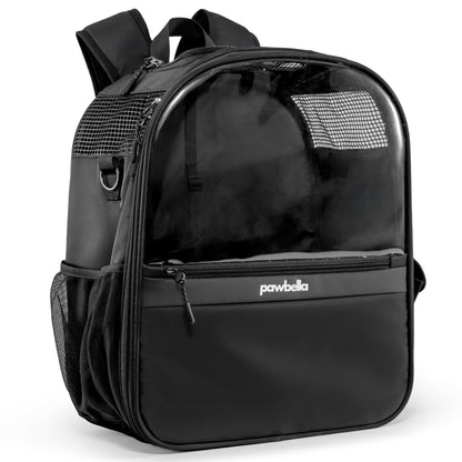 The Pawbella Panorama XL | Bubble Pet Carrier Backpack (10kg max) features a clear front, mesh side and top vents, zippered front pocket, and padded straps—making it perfect for stylish pet travel across Australia.