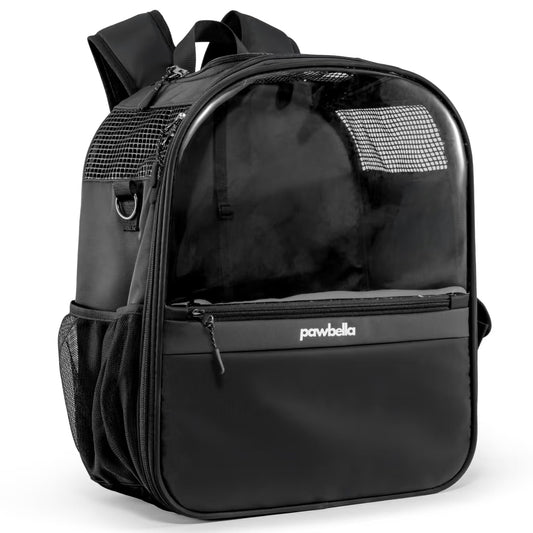 The Pawbella Panorama XL | Bubble Pet Carrier Backpack (10kg max) features a clear front, mesh side and top vents, zippered front pocket, and padded straps—making it perfect for stylish pet travel across Australia.